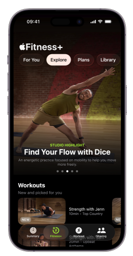 Apple Fitness+ app screenshot showing guided class library