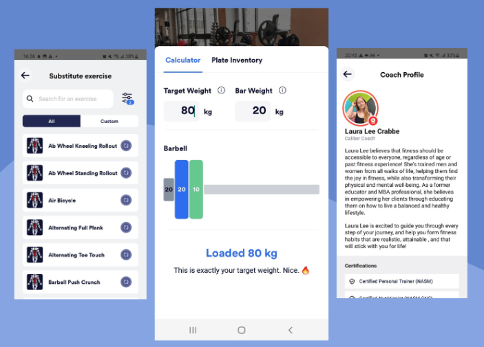 Caliber app screenshot showing strength training and coaching