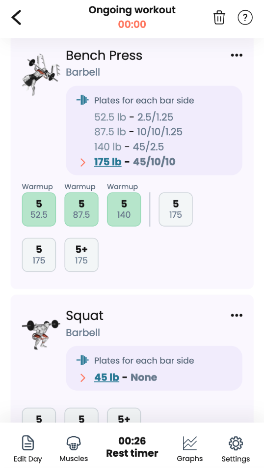 Liftosaur app screenshot showing workout log