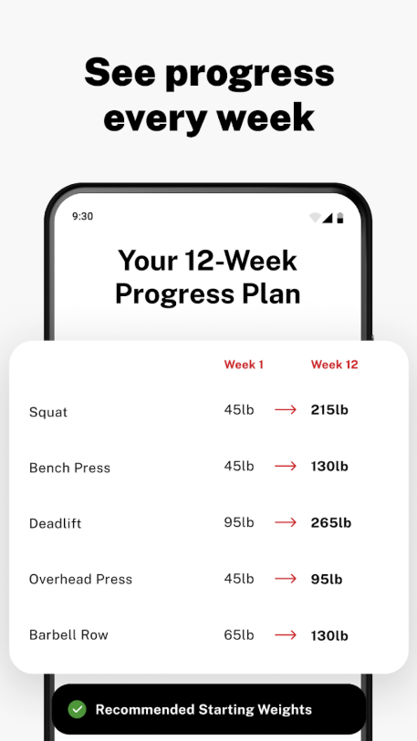 StrongLifts 5x5 app screenshot showing beginner barbell progression