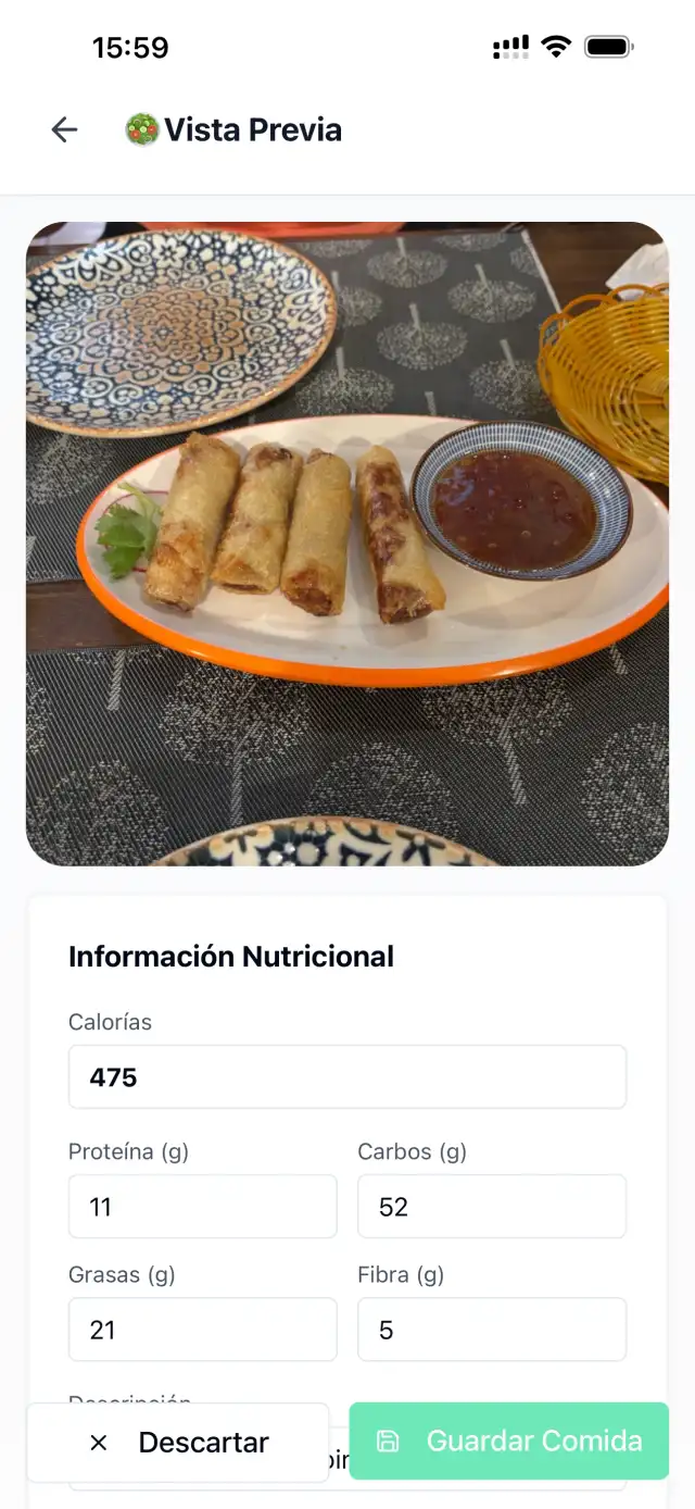PonteFuerteAI calorie and macro tracking screen