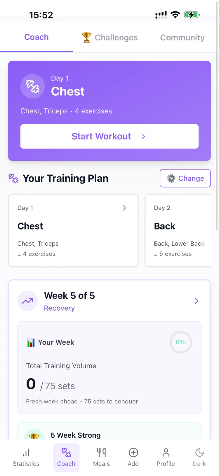 PonteFuerteAI AI-generated workout plan screen